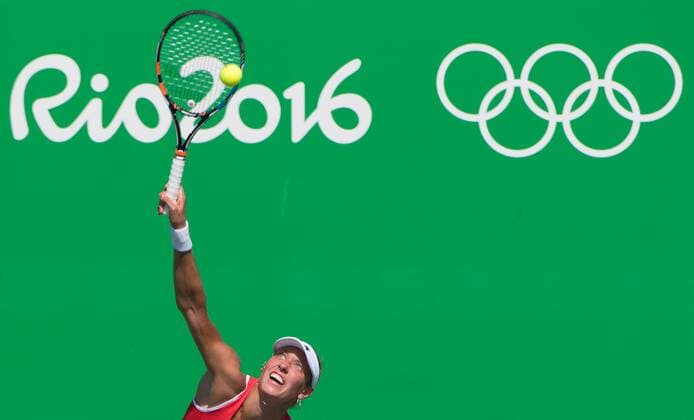 Belgian tennis player Yanina Wickmayer serves during a tennis game between Belgian Yanina Wickmayer and Czech Barbora Strycova, in the first round of the women s tennis tournament at the 2016 Olympic Games Olympische Spiele Olympia OS in Rio de Janeiro, Brazil, Saturday 06 August 2016. BENOITxDOPPAGNE  x04905017x