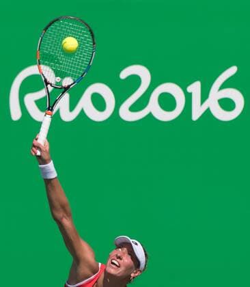 Belgian tennis player Yanina Wickmayer serves during a tennis game between Belgian Yanina Wickmayer and Czech Barbora Strycova, in the first round of the women s tennis tournament at the 2016 Olympic Games Olympische Spiele Olympia OS in Rio de Janeiro, Brazil, Saturday 06 August 2016. BENOITxDOPPAGNE  x04905013x