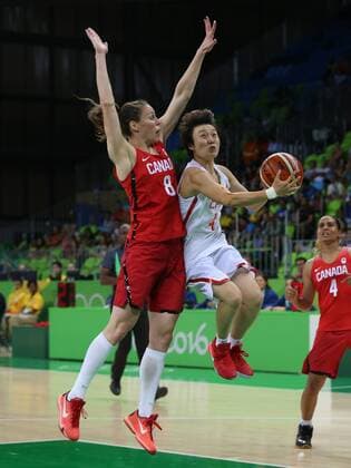 (160806) -- RIO DE JANEIRO, Aug. 6, 2016 -- Zhao Zhifang of China (R) goes for a shoot during the preliminary round of women s basketball between China and Canada in Rio de Janeiro, Brazil, on Aug. 6, 2016. China lost with 68:90. )(dh) (SP)BRAZIL-RIO DE JANEIRO-OLYMPICS-WOMEN S BASKETBALL XuxZijian 
