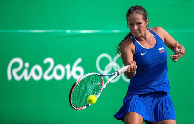 Rio 2016, Tennis RIO DE JANEIRO, BRAZIL - AUGUST 6, 2016: Daria Kasatkina of Russia in action during the first round of the women s singles tennis tournament at the Rio 2016 Summer Olympic Games Olympische Spiele Olympia OS at the Olympic Tennis Centre. Valery Sharifulin TASS  TS02C0E3