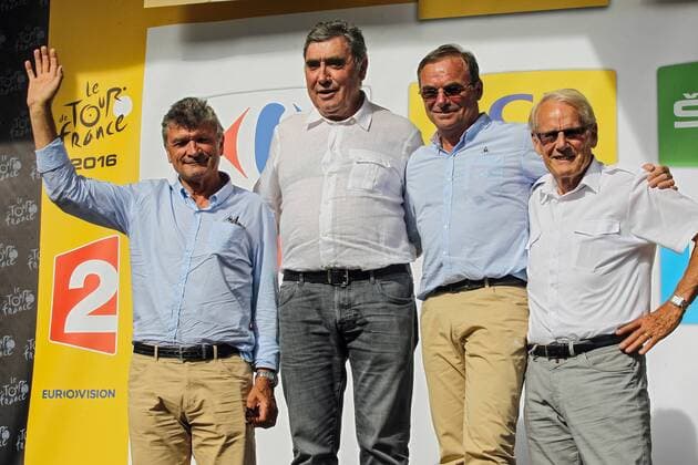 Spezielle Ehrung der ehemaligen Tour de France Groessen v.l.n.r. Bernard THEVENET (FRA) - Eddy MERCKX (BEL) - Bernard HINAULT (FRA) - Jan JANSSEN (NED) - Podium - Siegerehrung - Ehrung - Auszeichnung - Zeremonie - Zelebrierung - Ceremony - Jubel - Freude - Emotionen - Mimik - Gestik - Querformat - quer - horizontal - Event Veranstaltung: Tour de France - Stage 18 18.Etappe: Sallanches to nach Megeve 17.0 km - Einzelzeitfahren - I.T.T. - Individual Time Trial - Location Ort: France Frankreich - Europa Europa - Date Datum: 21.07.2016 Stiehl Photography