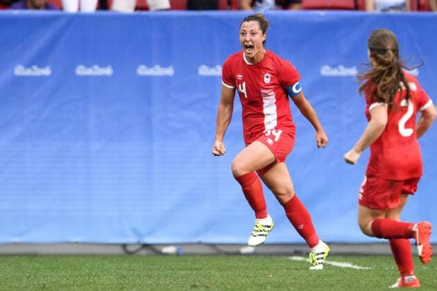 Rio 2016, Fußball, Damen, Deutschland - Kanada 160809 Kanada s Melissa Tancredi Jubel nach dem 1-1 - Deutschland - Kanada Fussball Damen Frauenfussball Länderspiel den 9 august 2016 OS in Brasilia RIO 2016.  Copyright: CARLxSANDIN BB160809CS007