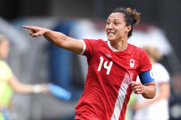 Rio 2016, Fußball, Damen, Deutschland - Kanada 160809 Kanada s Melissa Tancredi Jubel nach dem 1-1 - Deutschland - Kanada Fussball Damen Frauenfussball Länderspiel den 9 august 2016 OS in Brasilia RIO 2016.  Copyright: CARLxSANDIN BB160809CS009