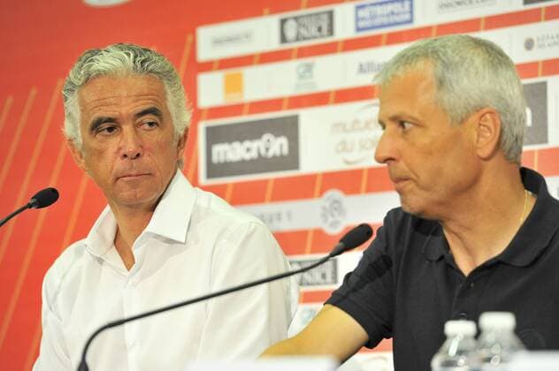 Jean Pierre Rivere (president) - Lucien Favre (coach) FOOTBALL : press conference OGC Nice - 09 08 2016 Panoramic NorbertScanella 