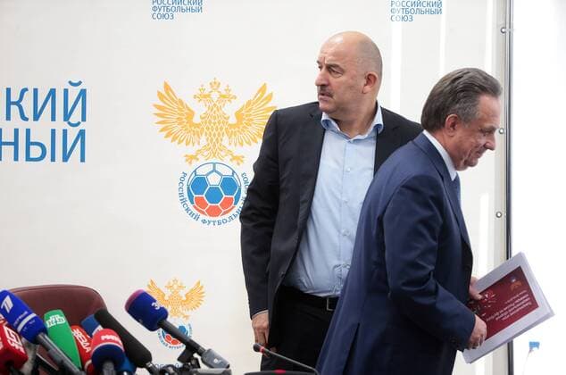 MOSCOW, RUSSIA â€“ AUGUST 11, 2016: Russia s Minister and Russian Football Union President Vitaly Mutko (R) and Stanislav Cherchesov, newly appointed head coach of the Russian men s national football team, after a meeting of the Executive Committee of the Russian Football Union. Mikhail Metzel TASS  TS02CA84