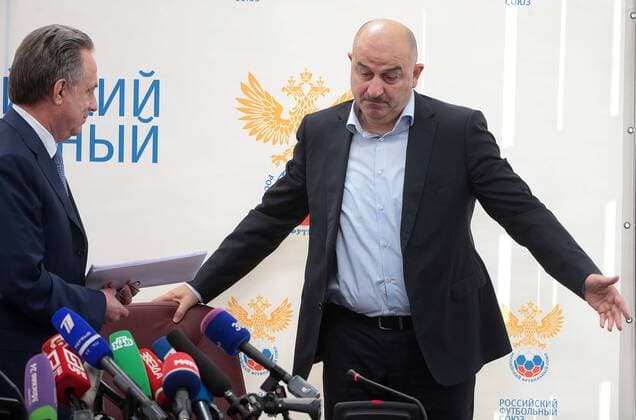 MOSCOW, RUSSIA â€“ AUGUST 11, 2016: Russia s Minister and Russian Football Union President Vitaly Mutko (L) and Stanislav Cherchesov, newly appointed head coach of the Russian men s national football team, after a meeting of the Executive Committee of the Russian Football Union. Mikhail Metzel TASS  TS02CA88