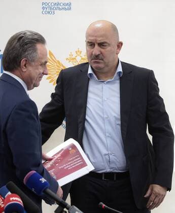 MOSCOW, RUSSIA â€“ AUGUST 11, 2016: Russia s Minister and Russian Football Union President Vitaly Mutko (L) and Stanislav Cherchesov, newly appointed head coach of the Russian men s national football team, after a meeting of the Executive Committee of the Russian Football Union. Mikhail Metzel TASS  TS02CA89