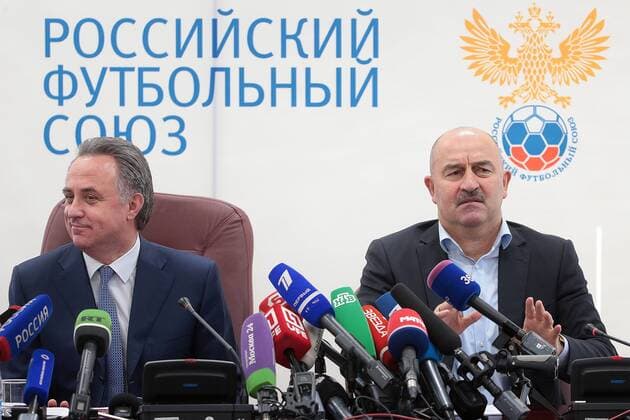 MOSCOW, RUSSIA â€“ AUGUST 11, 2016: Russia s Minister and Russian Football Union President Vitaly Mutko (L) and Stanislav Cherchesov, newly appointed head coach of the Russian men s national football team, give a news conference following a meeting of the Executive Committee of the Russian Football Union. Mikhail Metzel TASS  TS02CA8E