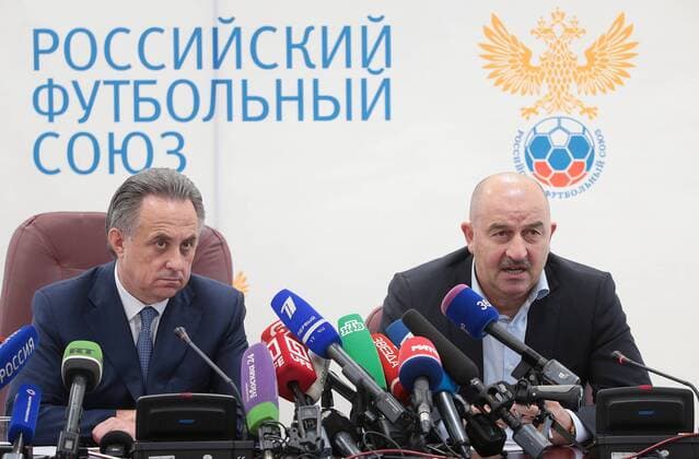 MOSCOW, RUSSIA â€“ AUGUST 11, 2016: Russia s Minister and Russian Football Union President Vitaly Mutko (L) and Stanislav Cherchesov, newly appointed head coach of the Russian men s national football team, give a news conference following a meeting of the Executive Committee of the Russian Football Union. Mikhail Metzel TASS  TS02CA9B