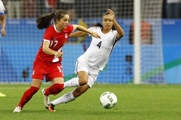 Rio 2016, Fußball Damen Viertelfinale, Kanda - Frankreich Olimp?ada Rio 2016 Futebol SP SÃO PAULO, SP - 12.08.2016: OLIMPÍADA RIO 2016 FUTEBOL SP - Fleming (e) and Zadorsky (d) during match between Canada (CAN) x France (FRA), valid for the quarterfinals of the Olympic Women& 39;s Football, Rio 2016, held at the Arena Corinthians Olympics, the host city of São Paulo. (P: Aloisio Mauricio Fotoarenarena) x1180730x  AloisioxMauricio