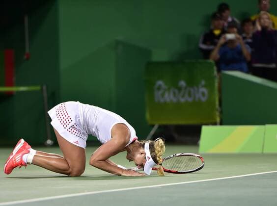 (160812) -- RIO DE JANEIRO, Aug. 12, 2016 -- Germany s Angelique Kerber reacts after winning against Madison Keys of the United States of America during the women s singles semifinal of tennis at the 2016 Rio Olympic Games Olympische Spiele Olympia OS in Rio de Janeiro, Brazil, on Aug. 12, 2016. Angelique Kerber won the match 2-0. ) (SP)BRAZIL-RIO DE JANEIRO-OLYMPICS-TENNIS YuexYuewei 