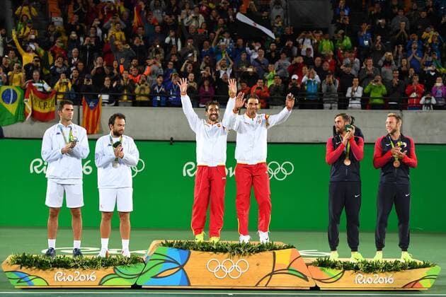 Marc Lopez (ESP) Rafael Nadal (ESP) Florin Mergea (ROU) Horia Tecau (ROU) Steve Jonhson (USA) Jack Sock (USA) TENNIS : OS Sommer 2016 - Rio - 12 08 16 Virginiebouyer panoramic 