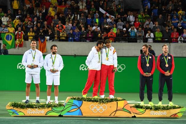 Marc Lopez (ESP) Rafael Nadal (ESP) Florin Mergea (ROU) Horia Tecau (ROU) Steve Jonhson (USA) Jack Sock (USA) TENNIS : OS Sommer 2016 - Rio - 12 08 16 Virginiebouyer panoramic 