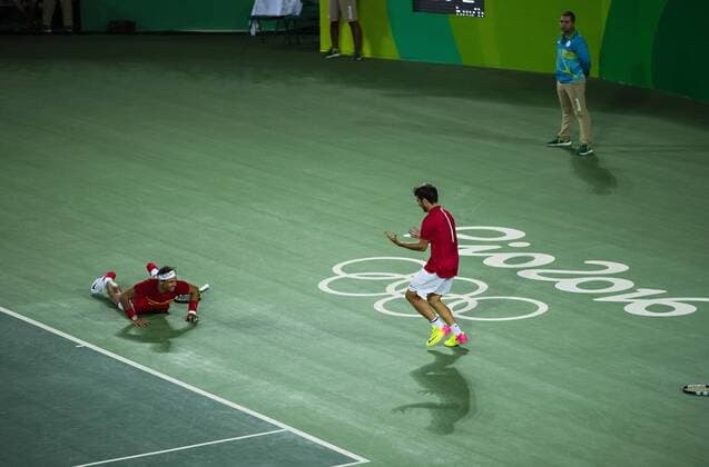 Rio de Janeiro, 12.08.2016, Olympia Rafael Nadal und Marc Lopez jubeln LOPEZ Marc NADAL Rafael (ESP) vs. MERGEA Florin TECAU Horia Tennis Doppel Finale mm