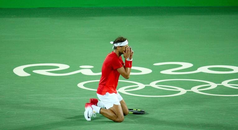 Aug 12, 2016 - Rio de Janeiro, Brazil - RAFAEL NADAL of Spain react to winning gold in Men s Doubles Tennis competition at the 2016 Rio Summer Olympic Games Olympische Spiele Olympia OS RIO 2016 - Tennis: Men s - ZUMAg209