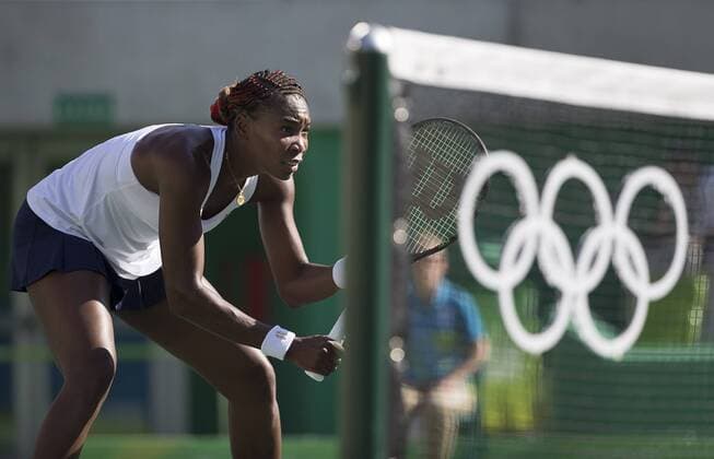 August 14, 2016 - Rio de Janeiro, RJ, Brazil - OLYMPICS TENNIS: Venus Williams (USA) waits for serve from Bethanie Mattek-Sands (USA) Women s Mixed Doubles Tennis final at Olympic Tennis Center during the 2016 Rio Summer Olympics games. RIO 2016 - Tennis: Women s - ZUMAj89_