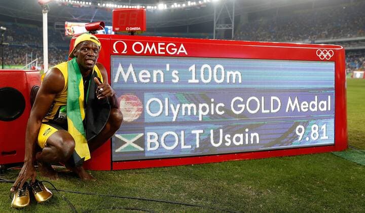 Themen der Woche - SPORT Bilder des Tages - SPORT (160814) -- RIO DE JANEIRO, Aug. 14, 2016 -- Usain Bolt of Jamaica celebrates after the final of men s 100m at the 2016 Rio Olympic Games Olympische Spiele Olympia OS in Rio de Janeiro, Brazil, on Aug. 14, 2016. Usain Bolt won the gold medal with 9.81. )(dh) (SP)BRAZIL-RIO DE JANEIRO-OLYMPICS-MEN S 100M WangxLili 