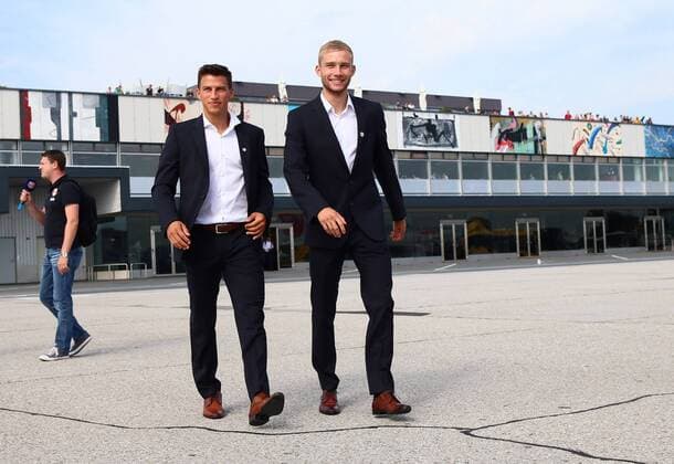 SOCCER - UEFA CL quali, Zagreb vs RBS SALZBURG,AUSTRIA,15.AUG.16 - SOCCER - UEFA Champions League, qualification, GNK Dinamo Zagreb vs Red Bull Salzburg, preview, departure from the Salzburg airport. Image shows Stefan Lainer and Konrad Laimer (RBS). GEPAxpictures xFelixxRoittner