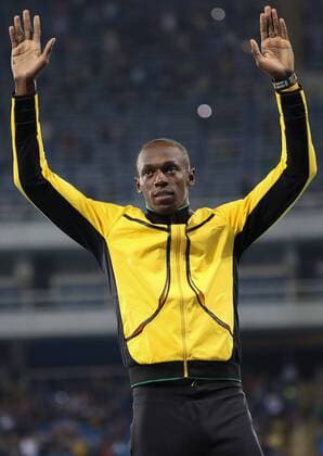 Rio 2016, Leichtathletik, 100m der Herren, Usain Bolt während der Siegerehrung OLYMPICS - Olympic Summer Games 2016 RIO DE JANEIRO,BRAZIL,15.AUG.16 - OLYMPICS, ATHLETICS - Olympic Summer Games Rio 2016, 100m, men, award ceremony. Image shows the rejoicing of Usain Bolt (USA). GEPAxpictures xChristianxWalgram