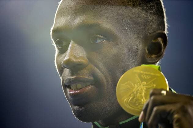 Rio 2016, Leichtathletik, 100m der Herren, Usain Bolt während der Siegerehrung BOLT Usain JAM - 100m podium - Olympia 2016 in Rio, Leichtathletik - 15 08 2016 JBAutissier Panoramic 
