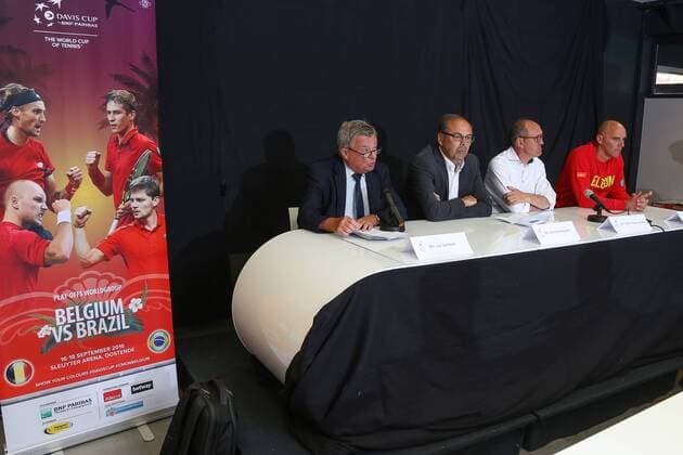 Luc Vandaele, Dirk De De Maeseneer, Oostende Mayor Johan Vande Lanotte and Davis Cup captain Johan Van Herck pictured during a press conference PK Pressekonferenz ahead of the Davis Cup World Group play-off between Belgium and Brazil, Tuesday 16 August 2016, in Oostende. This Davis Cup game will be played from 16 to 18 September 2016 in Oostende Sleuyter Arena BRUNOxFAHY  x04912365x