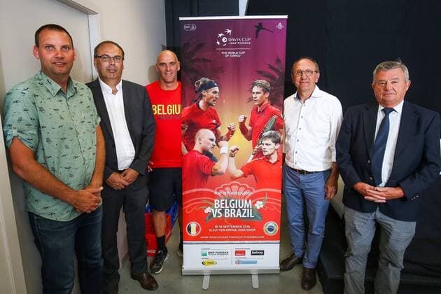 Arne Deblauwe, Dirk De De Maeseneer, Davis Cup captain Johan Van Herck, Oostende Mayor Johan Vande Lanotte and Luc Vandaele pictured after a press conference PK Pressekonferenz ahead of the Davis Cup World Group play-off between Belgium and Brazil, Tuesday 16 August 2016, in Oostende. This Davis Cup game will be played from 16 to 18 September 2016 in Oostende Sleuyter Arena BRUNOxFAHY  x04912366x