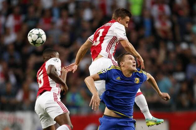 (L-R), Riechedly Bazoer of Ajax, Joel Veltman of Ajax, Aleksandr Bukharov of FC Rostov during the Champions League play-off match between Ajax and FK Rostov at the Amsterdam Arena on august 16, 2016 in Amsterdam, the Netherlands Ajax v FK Rostov Champions League 2016 2017 xVIxJeroenxPutmansxIVx 6030908