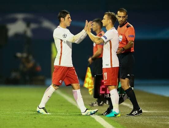 SOCCER - UEFA CL quali, Zagreb vs RBS ZAGREB,CROATIA,16.AUG.16 - SOCCER - UEFA Champions League, Play-off qualification, GNK Dinamo Zagreb vs Red Bull Salzburg. Image shows Jonatan Soriano and Fredrik Gulbrandsen (RBS). GEPAxpictures xFelixxRoittner