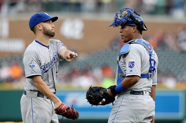 August 16, 2016 - Detroit, Michigan, United States - Kansas City Royals starting pitcher Danny Duffy (41) talks to catcher Salvador Perez (13) during the second inning of a baseball game against the Detroit Tigers in Detroit, Michigan USA, on Tuesday, August 16, 2016. Kansas City Royals v Detroit Tigers  - ZUMAn230