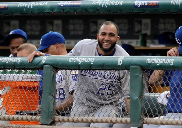 August 16, 2016 - Detroit, Michigan, United States - Kansas City Royals designated hitter Kendrys Morales (25) sirs in the dugout during the fourth inning of a baseball game against the Detroit Tigers in Detroit, Michigan USA, on Tuesday, August 16, 2016. Kansas City Royals v Detroit Tigers  - ZUMAn230