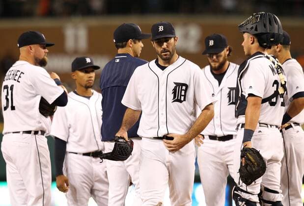 August 16, 2016 - Detroit, Michigan, United States - Detroit Tigers starting pitcher Justin Verlander (35) heads to the dugout after being pulled by manager Brad Ausmus (7) during the eighth inning of a baseball game against the Kansas City Royals in Detroit, Michigan USA, on Tuesday, August 16, 2016. Kansas City Royals v Detroit Tigers  - ZUMAn230