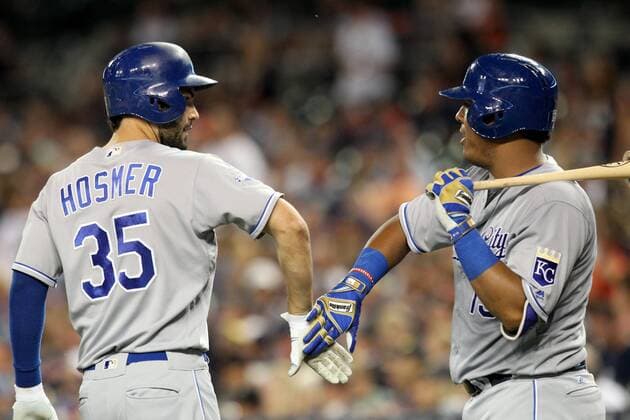 August 16, 2016 - Detroit, Michigan, United States - Kansas City Royals first baseman Eric Hosmer (35) is congratulated by catcher Salvador Perez (13) after his solo homerun in the seventh inning of a baseball game against the Detroit Tigers in Detroit, Michigan USA, on Tuesday, August 16, 2016. Kansas City Royals v Detroit Tigers  - ZUMAn230
