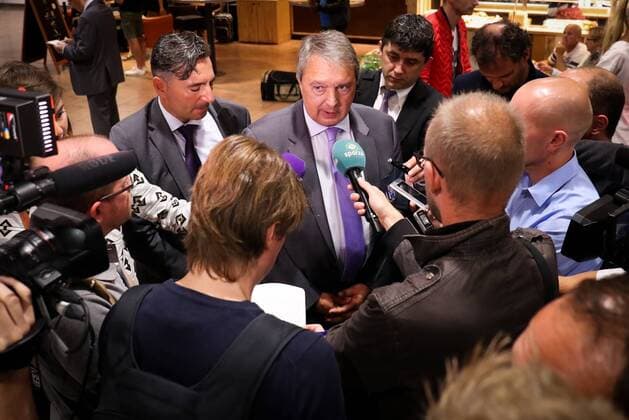 Anderlecht s manager Herman Van Holsbeeck talks to the press during a press conference PK Pressekonferenz of Belgian first league soccer team RSC Anderlecht at Brussels Airport in Zaventem, ahead of their departure to Prague, Czech Republic, Wednesday 17 August 2016. Tomorrow Anderlecht is playing the first leg of the playoff round in the Europa League competition against Czech Slavia Prague. VIRGINIExLEFOUR  x04912785x