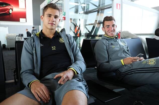 Anderlecht s Leander Dendoncker and Anderlecht s Michael Heylen pictured during the departure of Belgian first league soccer team RSC Anderlecht to Prague, Czech Republic, at Brussels Airport in Zaventem, Wednesday 17 August 2016. Tomorrow Anderlecht is playing the first leg of the playoff round in the Europa League competition against Czech Slavia Prague. VIRGINIExLEFOUR  x04912820x