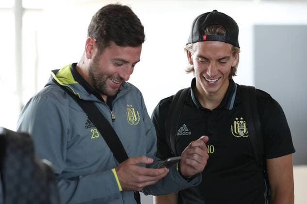 Anderlecht s Frank Boeckx and Anderlecht s Dennis Praet pictured during the departure of Belgian first league soccer team RSC Anderlecht to Prague, Czech Republic, at Brussels Airport in Zaventem, Wednesday 17 August 2016. Tomorrow Anderlecht is playing the first leg of the playoff round in the Europa League competition against Czech Slavia Prague. VIRGINIExLEFOUR  x04912848x