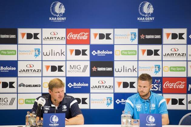 Gent s head coach Hein Vanhaezebrouck and Gent s Lasse Nielsen pictured during a press conference PK Pressekonferenz of Belgian first league soccer team KAA Gent, Wednesday 17 August 2016, in Gent. Tomorrow Gent is playing the first leg of the playoff round in the Europa League competition against Macedonia s Shkendija. JASPERxJACOBS  x04912868x