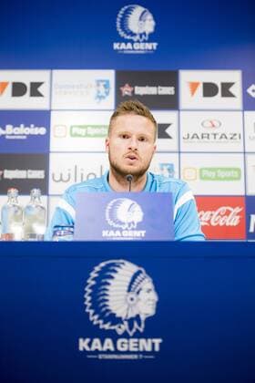 Gent s Lasse Nielsen pictured during a press conference PK Pressekonferenz of Belgian first league soccer team KAA Gent, Wednesday 17 August 2016, in Gent. Tomorrow Gent is playing the first leg of the playoff round in the Europa League competition against Macedonia s Shkendija. JASPERxJACOBS  x04912872x