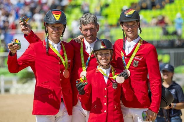 Rio 2016, Deutsche Medaillengewinner Bilder des Tages SPORT BRA, Olympia 2016 Rio, Reitsport , Team Springen Finale 17.08.2016, Olympic Equestrian Centre, Rio de Janeiro, BRA, Olympia 2016 Rio, Reitsport , Team Springen Finale, im Bild Team Deutschland Gewinnt Bronze Christian Altmann (GER) Ludger Beerbaum (GER) Daniel Deusser (GER) Meredith Michaels-Beerbaum (GER) Foto © nordphoto Straubmeier nordphotox xStraubmeier