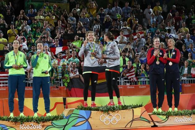 Olympics 2016 Beach volleyball Beachvolleyball RIO DE JANEIRO, RJ - 18.08.2016: OLYMPICS 2016 BEACH VOLLEYBALL - double Laura Ludwig Kira Walkenhorst (GER) gold medal, Agatha Bednarczuk Rippel Barbara Seixas de Freitas (BRA) silver medal, and Kerri Walsh Jennings April Ross (USA) bronze medal in Beach Volleyball Rio Olympics 2016 held at the Beach Volleyball Arena on Copacabana Beach. NOT AVAILABLE FOR LICENSING IN CHINA (Photo: Andre Chaco Fotoarena) x1187734x  AndrexChaco