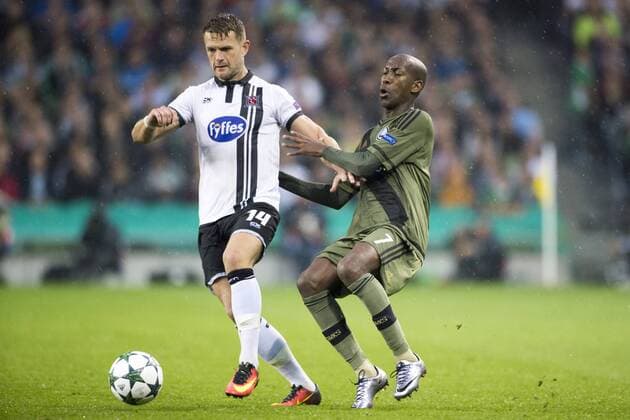 August 17, 2016 - Dublin, Ireland - Dane Massey of Dundalk duels with Steeven Langil of Legia during the UEFA Champions League Play-Offs 1st leg between Dundalk FC and Legia Warsaw at Aviva Stadium in Dublin, Ireland on August 17, 2016 Dundalk v Legia Warsaw: UEFA Champions League  - ZUMAn230
