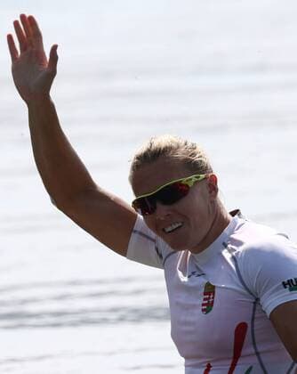 RIO DE JANEIRO, BRAZIL - AUGUST 18, 2016: Hungary s Danuta Kozak celebrates as she wins gold in the women s kayak single 500m final at the 2016 Summer Olympic Games Olympische Spiele Olympia OS at Lagoa Stadium. Stanislav Krasilnikov TASS  TS02DA57
