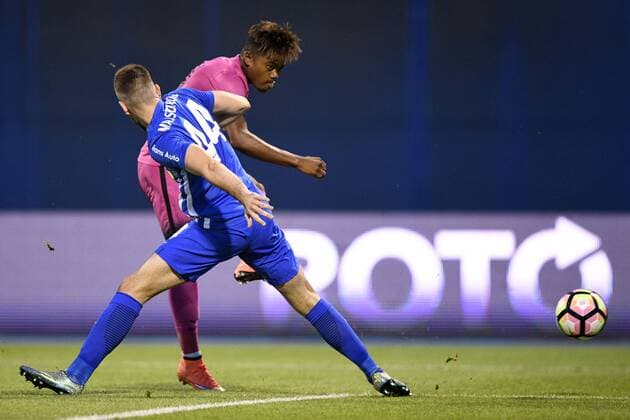Lokomotivo s Ante Majstorovic and Genk s Leon Bailey fight for the ball during the first leg match of the playoff round between Croatian team Lokomotiva Zagreb and Belgian first league soccer team KRC Genk in the Europa League competition, on Thursday 18 August 2016, in Zagreb, Croatia. YORICKxJANSENS  x04913765x