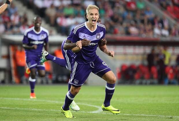 Anderlecht s Lukasz Teodorczyk, Anderlecht s Lukas Teodorczyk and Anderlecht s Idrissa Sylla celebrate after scoring during the first leg match of the playoff round between Belgian first league soccer team RSC Anderlecht and Czech team Slavia Prague in the Europa League competition, on Thursday 18 August 2016, in Prague, Czech Republic. VIRGINIExLEFOUR  x04913809x