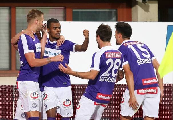 SOCCER - UEFA EL quali, A.Wien vs Rosenborg VIENNA,AUSTRIA,18.AUG.16 - SOCCER - UEFA Europa League, Play-off qualification, FK Austria Wien vs BK Rosenborg Trondheim. Image shows the rejoicing of Alexander Gruenwald (A.Wien), Felipe Augusto Rodrigues Pires (A.Wien), Christoph Martschinko (A.Wien) and Tarkan Serbest (A.Wien). GEPAxpictures xPatrickxLeuk