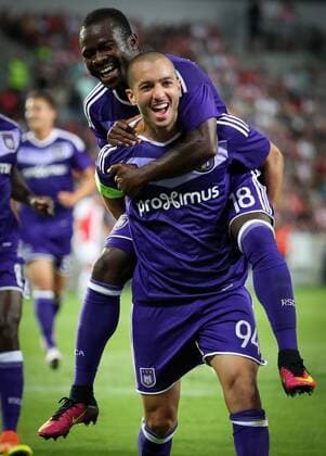 Anderlecht s Sofiane Hanni celebrates after scoring the 3-0 goal during the first leg match of the playoff round between Belgian first league soccer team RSC Anderlecht and Czech team Slavia Prague in the Europa League competition, on Thursday 18 August 2016, in Prague, Czech Republic. VIRGINIExLEFOUR  x04913830x