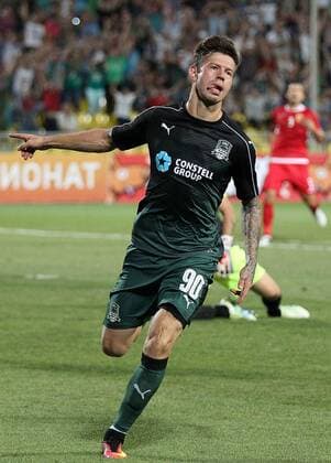 KRASNODAR, RUSSIA - AUGUST 18, 2016: Krasnodar s Fyodor Smolov celebrates a goal against Partizani Tirana in the first leg of their UEFA Europa League play-off tie at Kuban Stadium. Krasnodar won 4-0. Vitaly Timkiv TASS  TS02DAE8