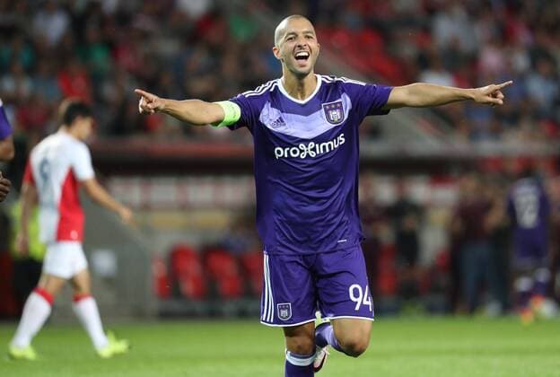 Anderlecht s Sofiane Hanni celebrates after scoring the 3-0 goal during the first leg match of the playoff round between Belgian first league soccer team RSC Anderlecht and Czech team Slavia Prague in the Europa League competition, on Thursday 18 August 2016, in Prague, Czech Republic. VIRGINIExLEFOUR  x04913828x