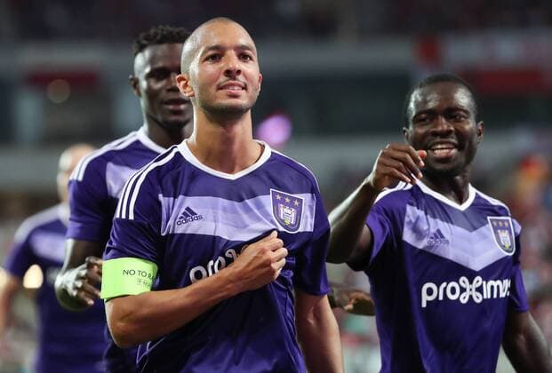 Anderlecht s Sofiane Hanni celebrates after scoring the 3-0 goal during the first leg match of the playoff round between Belgian first league soccer team RSC Anderlecht and Czech team Slavia Prague in the Europa League competition, on Thursday 18 August 2016, in Prague, Czech Republic. VIRGINIExLEFOUR  x04913839x