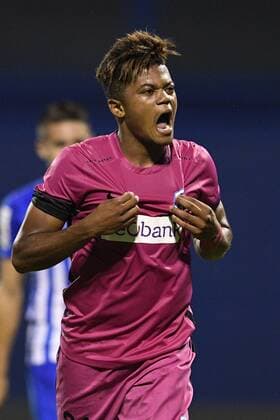 Genk s Leon Bailey celebrates after scoring during the first leg match of the playoff round between Croatian team Lokomotiva Zagreb and Belgian first league soccer team KRC Genk in the Europa League competition, on Thursday 18 August 2016, in Zagreb, Croatia. YORICKxJANSENS  x04913846x