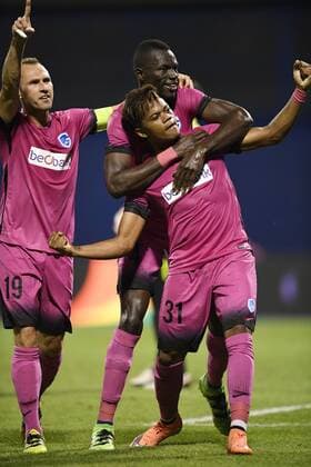 Genk s Thomas Buffel, Genk s Omar Colley and Genk s Leon Bailey celebrate during the first leg match of the playoff round between Croatian team Lokomotiva Zagreb and Belgian first league soccer team KRC Genk in the Europa League competition, on Thursday 18 August 2016, in Zagreb, Croatia. YORICKxJANSENS  x04913847x